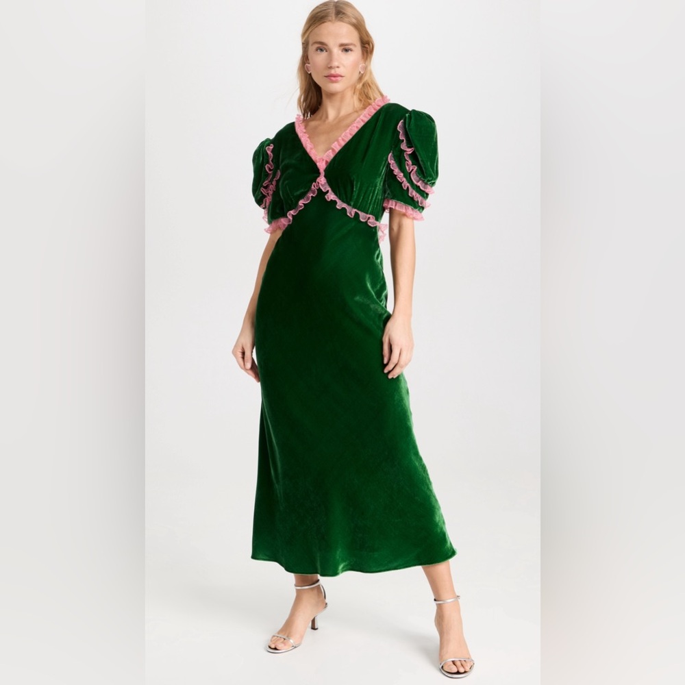 NWT Saloni Anais Dress Green Velvet w/Pink Lavender Detail Size 4